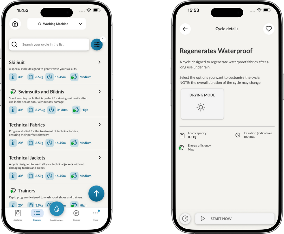 Bildschirmansichten der in der hOn-App verfügbaren Programme