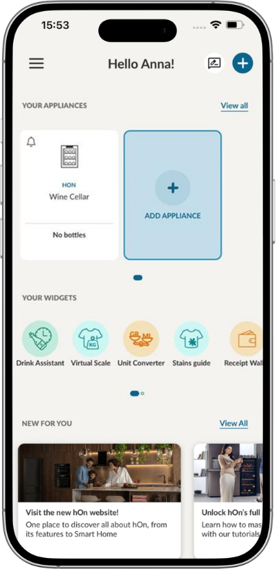 Página de inicio de la app hOn para conectar los electrodomésticos